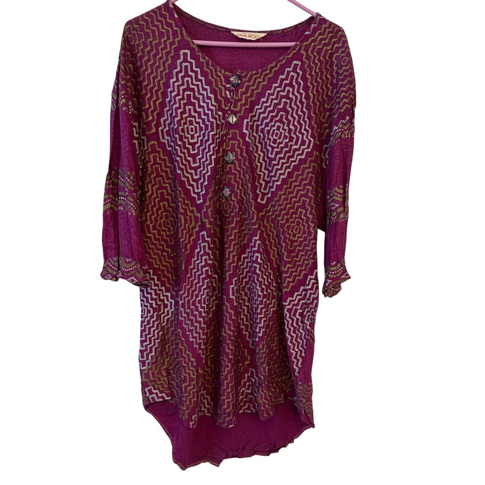 Paul Ropp Tunic Top Women One Size Purple Gold Metallic Geometric Boho Stretchy